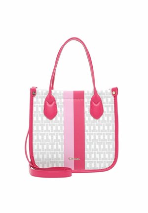 Witte handtas met roze bies, twee bovenhandvatten, een afneembare schouderriem en verticale roze strepen in het midden.