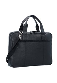 Black leather laptop bag with dual handles, adjustable strap, front zipper pocket, and textured finish. Rectangular shape with silver hardware accents.