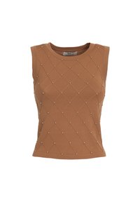 Top senza maniche marrone realizzato in tessuto a coste, con un motivo diamantato e piccole perle decorative per accenti.