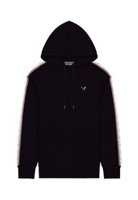 Sudadera con capucha negra con bolsillo delantero, cordón ajustable y franjas laterales blancas/rojas con patrón. Cuenta con un pequeño logotipo en el pecho.