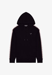 Sudadera con capucha negra con bolsillo delantero, cordón ajustable y franjas laterales blancas/rojas con patrón. Cuenta con un pequeño logotipo en el pecho.