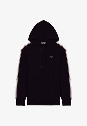 Zwarte hoodie met een voorvak, verstelbare trekkoord en witte/rode gestreepte zijkanten. Voorzien van een klein logo op de borst.