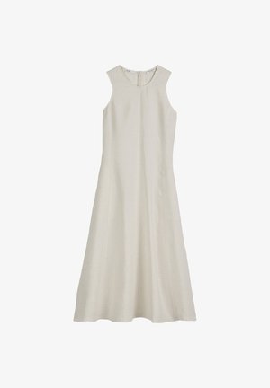 Ärmelloses A-Linien-Kleid aus leichtem beige Leinen mit Rundhalsausschnitt, feiner Textur und einem Reißverschluss am Rücken.