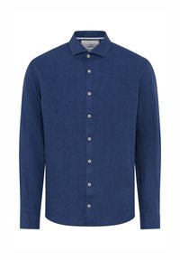 Navy blue long-sleeve shirt made of textured fabric, featuring a classic collar, full button placket with silver buttons, and straight hem.