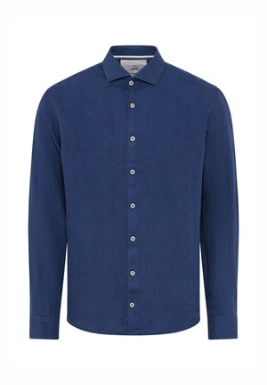 Navy blue long-sleeve shirt made of textured fabric, featuring a classic collar, full button placket with silver buttons, and straight hem.