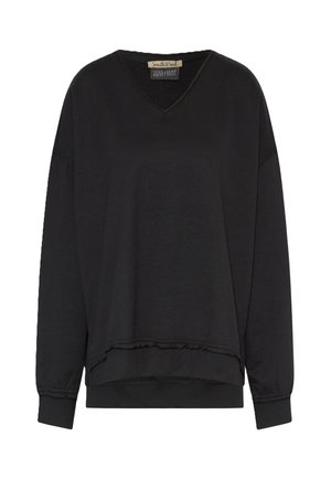 Schwarzes Sweatshirt mit V-Ausschnitt, langen Ärmeln und Rüsche am Saum. Hergestellt aus weichem Stoff mit lässigem Schnitt und minimalen Designdetails.