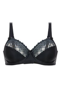 Soutien-gorge noir avec des détails en dentelle dans un motif géométrique. Présente des coques moulées, des bretelles réglables et une texture lisse.