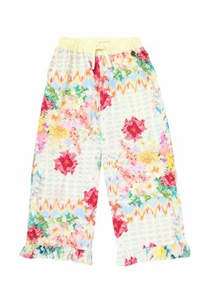 Pantalon à jambes larges avec motifs floraux pastel et abstraits, taille élastiquée avec cordon de serrage et ourlets volantés.