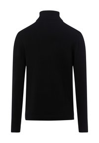 Schwarzer Rollkragenpullover mit geripptem Kragen und Saum, langen Ärmeln, gefertigt aus einem weichen, glatten Material ohne Muster oder Verzierungen.