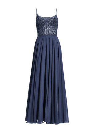 Navyblauwe avondjurk met een bedekte korsage, dunne schouderbandjes en een lange, vloeiende, geplooide rok.