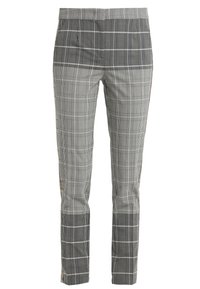 Pantalons à carreaux gris présentant un mélange de rayures larges et étroites, une coupe ajustée et une texture de tissu lisse. Poches avant incluses.