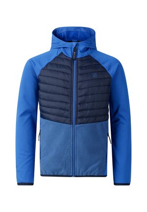 Blaue Kapuzenjacke mit dunklem, gesteppter Brustbereich, Fleece-Unterteil, durchgehendem Frontreißverschluss und seitlichen Reißverschlusstaschen.