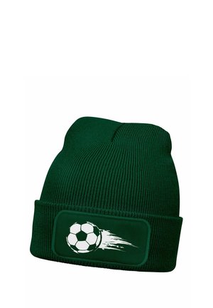 Green knit beanie featuring a textured ribbed design and a rectangular patch with a white graphic of a soccer ball in motion.