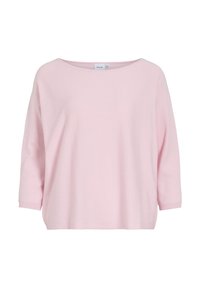 Gaiši rozā sieviešu brīvi pieguļoša džemperis ar 3/4 garuma piedurknēm un plašu apaļu kakla izgriezumu, attēlots uz balta fona.