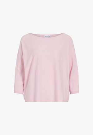 Gaiši rozā sieviešu brīvi pieguļoša džemperis ar 3/4 garuma piedurknēm un plašu apaļu kakla izgriezumu, attēlots uz balta fona.