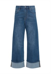 Wijdvallende blauwe denim spijkerbroek met een hoge taille, voorzien van omgeslagen broekspijpen, vijf zakken en een klassieke rits- en knoopsluiting.