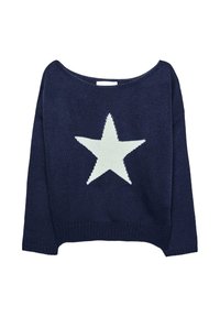 Marineblauer gestrickter Pullover mit einer übergroßen Silhouette und einem weißen Sternmuster auf der Vorderseite. Rundhalsausschnitt und gerippte Saumdetails.