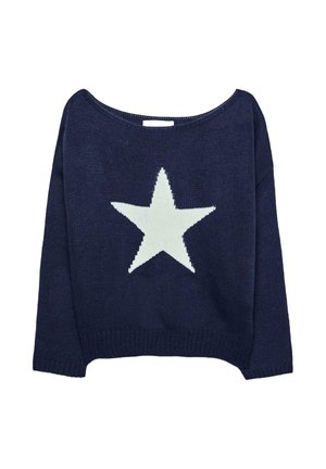 Maglione lavorato a maglia blu navy con silhouette oversize e motivo a stelle bianche sul davanti. Collo rotondo e dettagli a costine sull'orlo.
