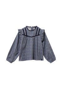 Blusa blu navy con un motivo floreale, maniche a volant e scollatura rotonda. Presenta una chiusura a goccia sul retro e dettagli di rifinitura sottili.
