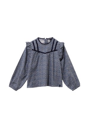 Marineblaue Bluse mit floralem Muster, Rüschenschultern und Rundhalsausschnitt. Verfügt über einen Schlüsselaugenverschluss hinten und dezente Besatzdetails.