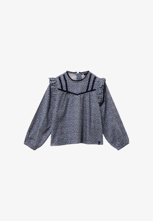 Blusa blu navy con un motivo floreale, maniche a volant e scollatura rotonda. Presenta una chiusura a goccia sul retro e dettagli di rifinitura sottili.