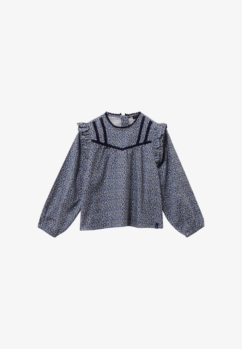 Blusa blu navy con un motivo floreale, maniche a volant e scollatura rotonda. Presenta una chiusura a goccia sul retro e dettagli di rifinitura sottili.