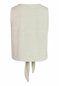 Sleeveless top in light beige fabric with a speckled texture, featuring a rounded neckline and two tied straps at the back.