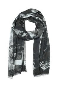 Écharpe noire et grise avec des motifs abstraits. Fabriquée en tissu léger avec des bords effilochés, elle a une texture douce et tombe élégamment.