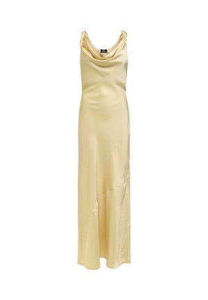 Robe longue en satin sans manches de couleur or pâle avec un col bénitier et un détail de couture asymétrique, présentée sur un fond blanc.