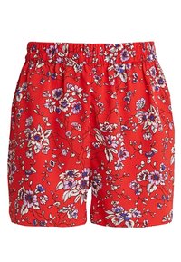 Červené květinové šortky s elastickým pasem, zdobené bílými a fialovými květinovými vzory na lehké hladké tkanině.