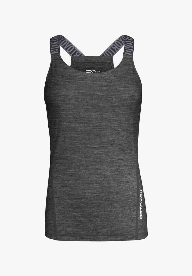 Dark gray athletic tank top with wide straps featuring a branded accent, made from a textured fabric. Includes subtle side detailing.