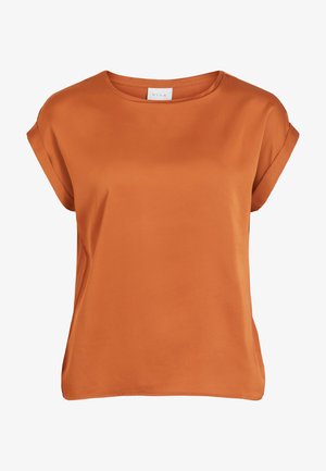Rustowa, pomarańczowa bluzka z krótkim rękawem, wykonana z gładkiego materiału, z okrągłym dekoltem i luźnym krojem, z wywiniętymi mankietami.