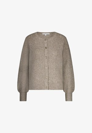 Beige gebreide button-up cardigan met lange ballonmouwen en geribbelde manchetten, met subtiele sprankelende details door de stof.