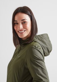 Olive green lightweight jacket with a hood, featuring a smooth texture, front zipper, and embroidered logo on the chest.