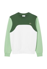 Sudadera verde y blanca de manga larga, con cuello redondo y tejido texturizado. Presenta un diseño de bloques de color curvados y un logotipo bordado.