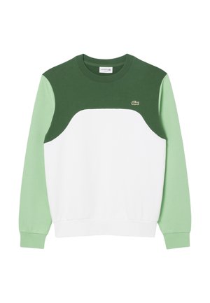 Grüner und weißer Sweatshirt mit langen Ärmeln, Rundhalsausschnitt und einer strukturierten Stoffoberfläche. Es besitzt ein gewölbtes Color-Block-Design und ein gesticktes Logo.