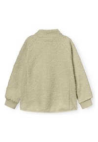Lichtbeige, pluizige fleecejack met een hoge kraag en elastische manchetten. Heeft een ontspannen pasvorm en een zachte textuur overal.