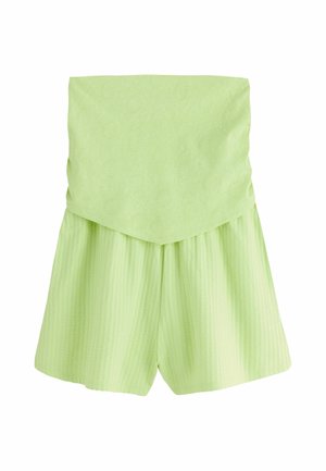 Light green strapless romper with textured fabric and a wide folded-over bodice.