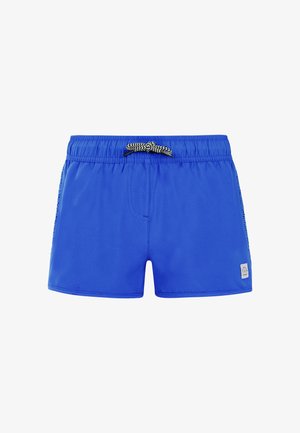 Bañador azul hecho de una tela suave, con una cinturilla elástica y un cordón negro y blanco, además de una pequeña etiqueta en el frente.