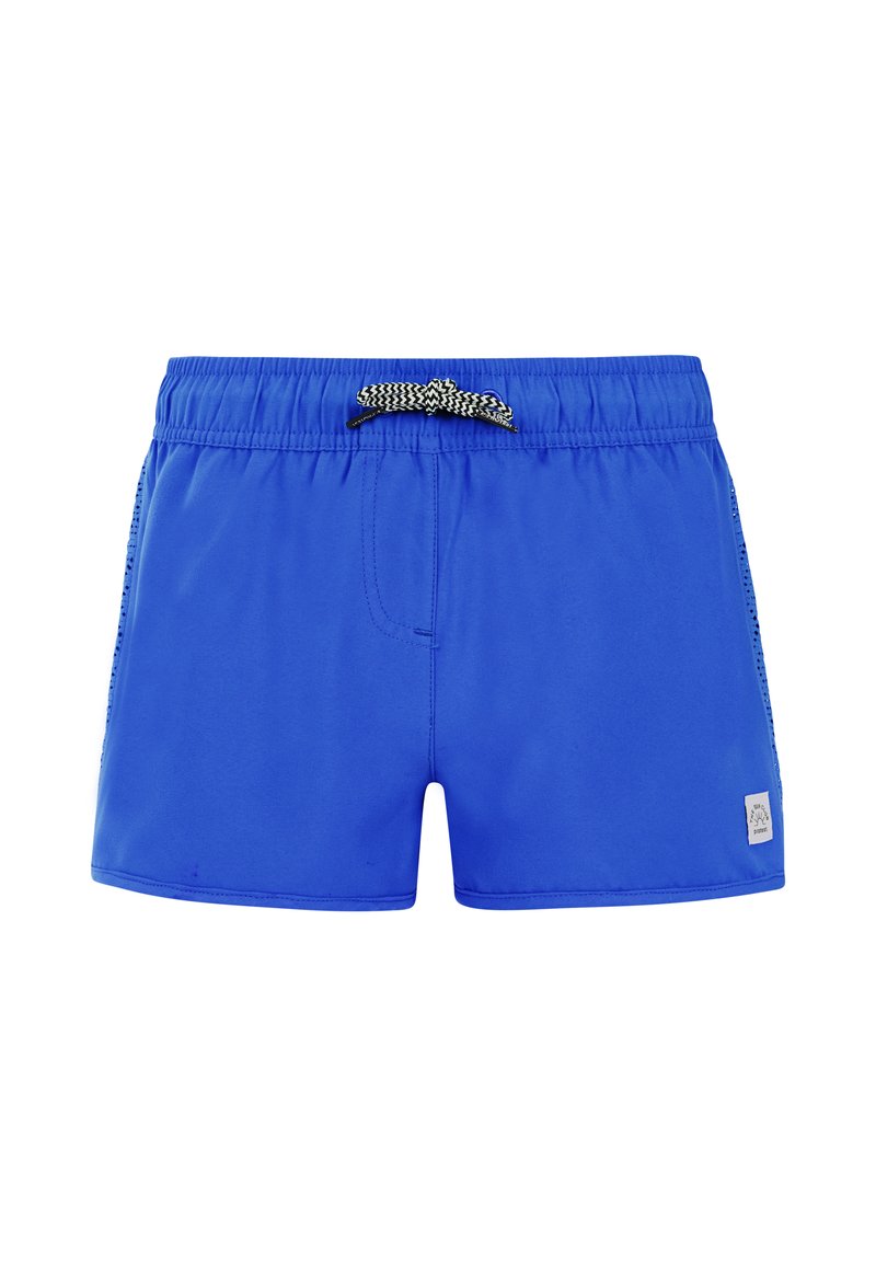 Blauwe zwembroek van een gladde stof, met een elastische tailleband en een zwart-witte trekkoord, en een klein label aan de voorkant.