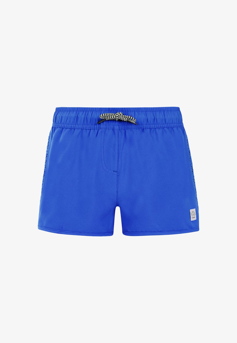 Blauwe zwembroek van een gladde stof, met een elastische tailleband en een zwart-witte trekkoord, en een klein label aan de voorkant.