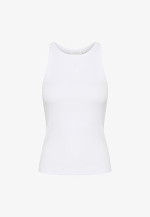 Biały top na ramiączkach wykonany z gładkiego materiału o dopasowanym kroju. Posiada okrągły dekolt oraz subtelne logo wytłoczone z przodu.