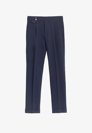 Pantalones tailored de color azul marino con cintura alta, botones laterales, pliegues, bolsillos laterales y puños en los dobladillos.