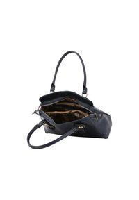 Borsa a mano in pelle blu navy con doppi manici, chiusure con zip e fodera interna a quadri. Presenta più scomparti per una conservazione ordinata.