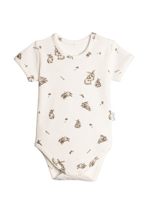 Kremowy body dla niemowląt z krótkim rękawem, ozdobiony małymi brązowymi króliczkami i marchewkami rozmieszczonymi na całej tkaninie.