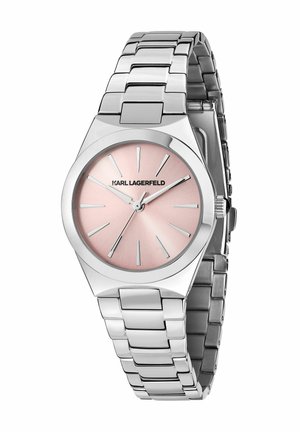 Silberne Armbanduhr aus Edelstahl mit rundem Gehäuse, pinkfarbenem Sonnenstrahl-Zifferblatt, silbernen Stundenmarkierungen und einem Gliederarmband.