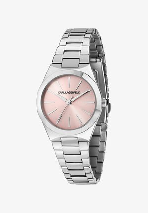 Silberne Armbanduhr aus Edelstahl mit rundem Gehäuse, pinkfarbenem Sonnenstrahl-Zifferblatt, silbernen Stundenmarkierungen und einem Gliederarmband.