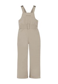 Beige geïsoleerde overall met verstelbare banden, elastische taille en versterkte naden; ontworpen voor buitensportactiviteiten.