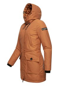 Orange waterproof parka with a hood, featuring a zip front, two large front pockets, adjustable drawstrings, and ribbed cuffs.