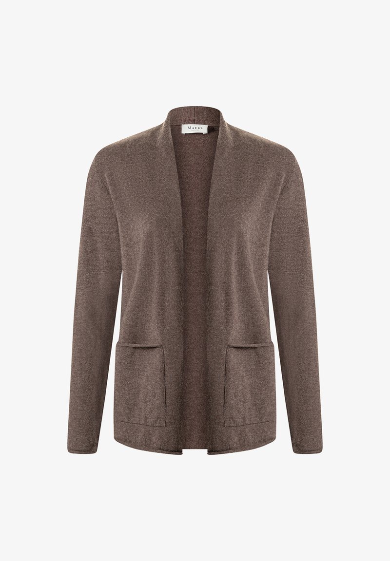Brauner Cardigan mit lockerer Passform, offenem Vorderteil und zwei vorderen Taschen. Aus weichem, strukturiertem Material gefertigt. Keine Knöpfe oder metallischen Details.